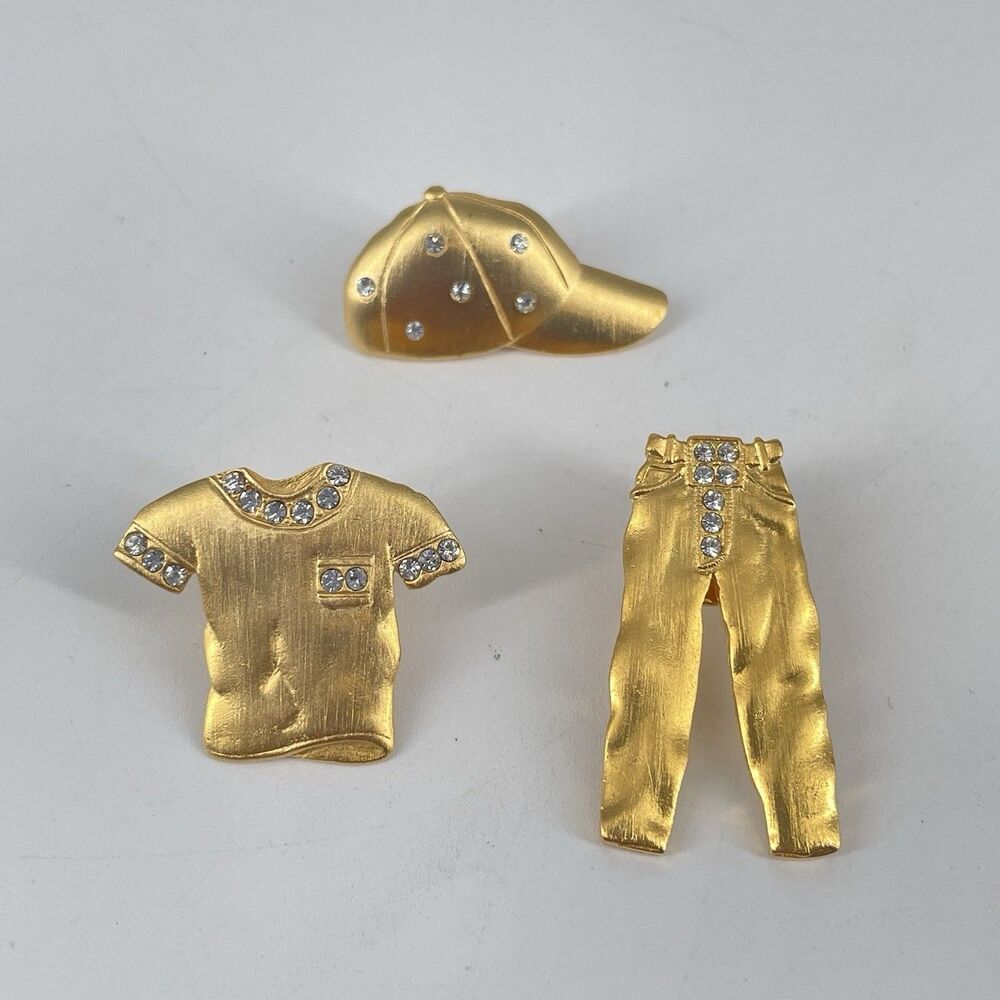 JJ Jonette Lady Remington Baseball Brooch Pin Set of 3 Gold Tone Rhinestone